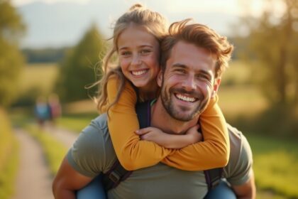 leraar draagt meisje met open rug tijdens schoolreisje zodat ze ook mee kan gaan