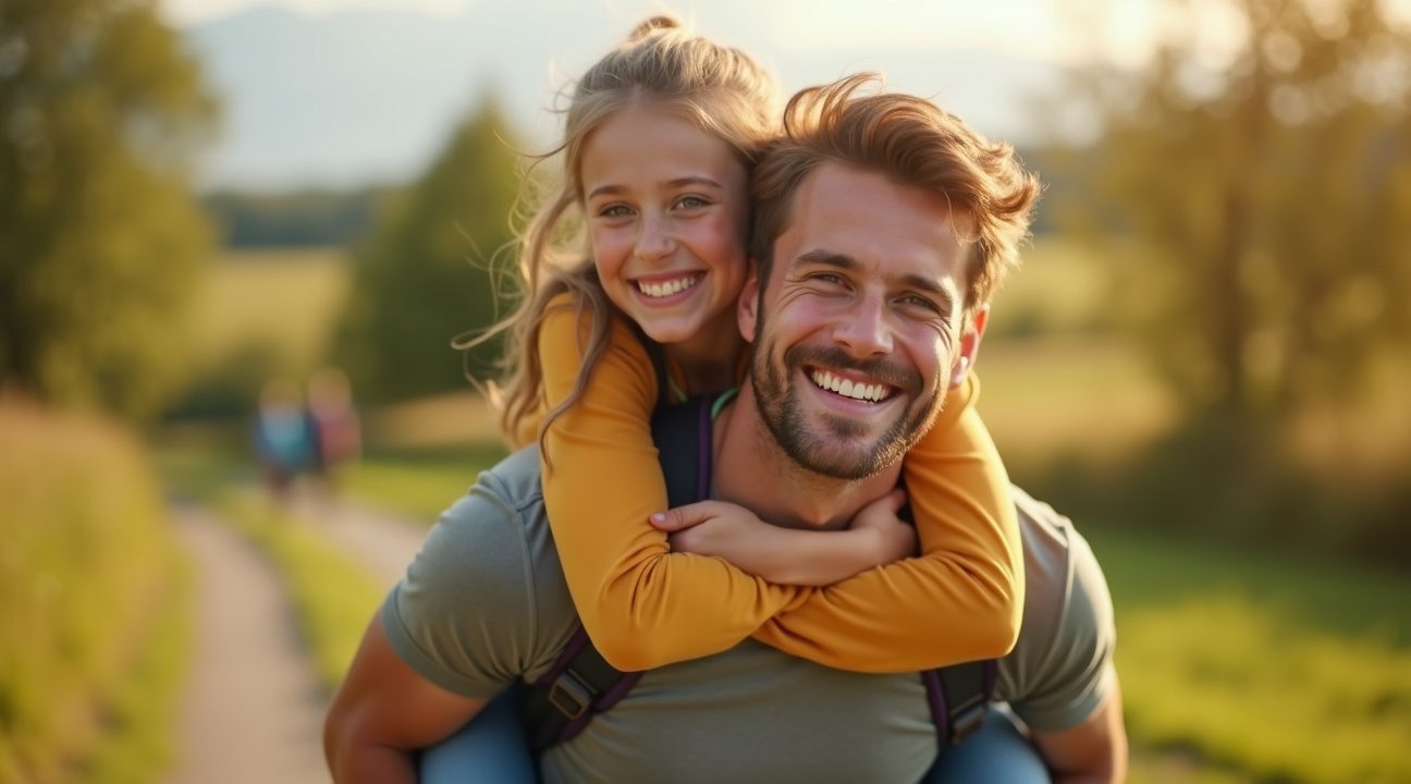 leraar draagt meisje met open rug tijdens schoolreisje zodat ze ook mee kan gaan