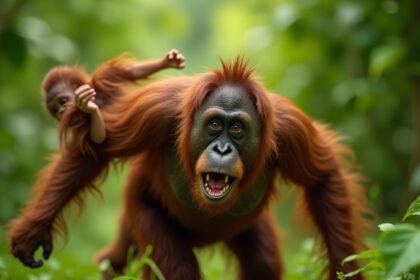 moeder orang oetan is opstandige peuter eventjes zat en sleept hem mee