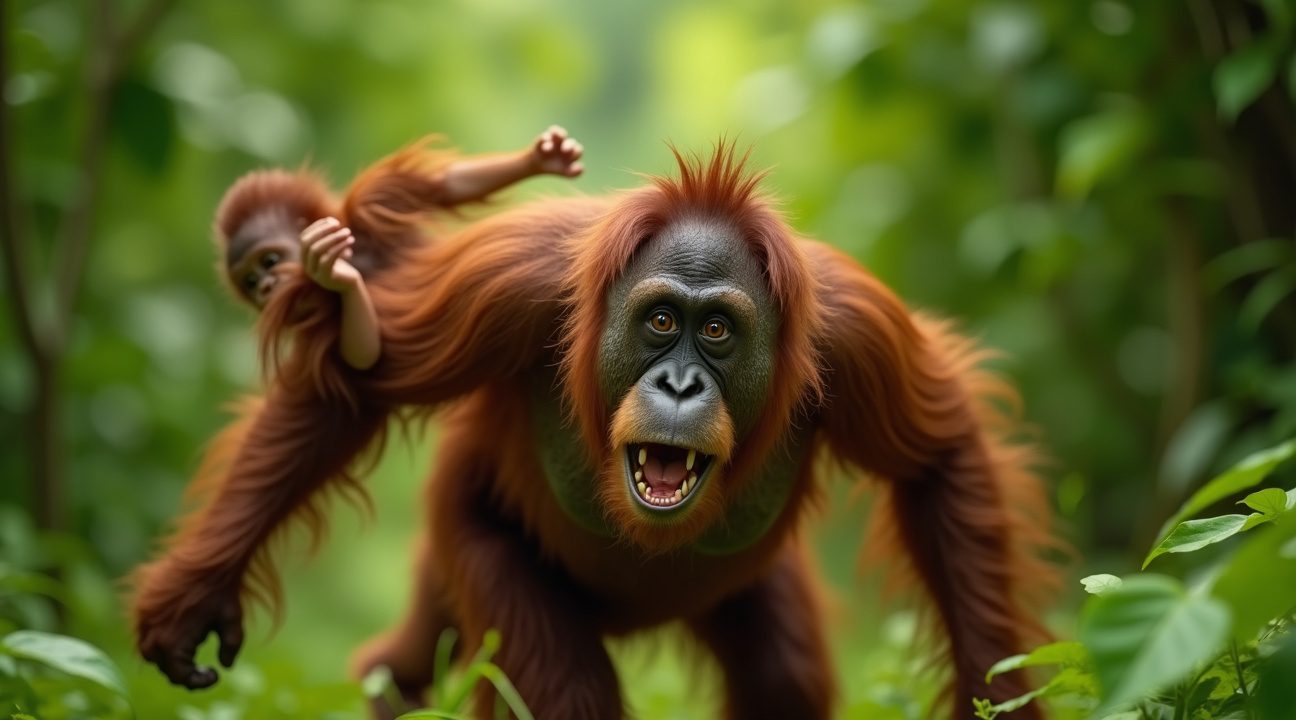 moeder orang oetan is opstandige peuter eventjes zat en sleept hem mee