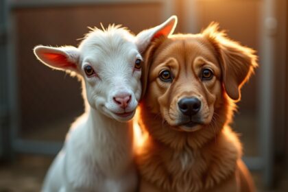 onafscheidelijk en onwaarschijnlijk hond en geit bevinden zich samen in asiel en kunnen niet zonder elkaar