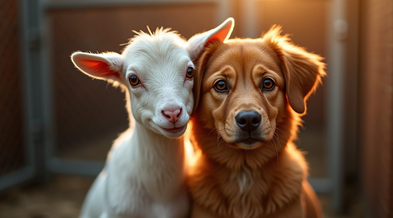 onafscheidelijk en onwaarschijnlijk hond en geit bevinden zich samen in asiel en kunnen niet zonder elkaar