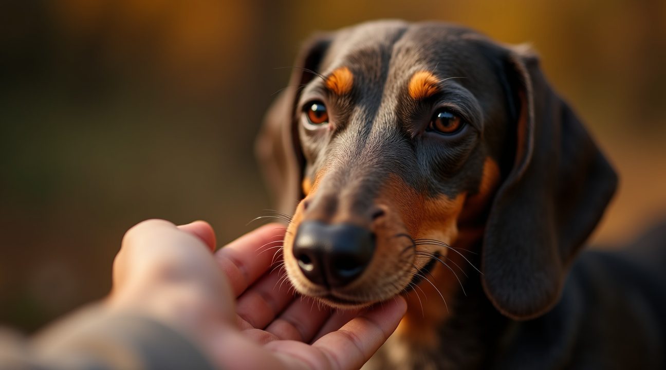 oudere en blinde teckel in asiel klampt zich vast aan aan de eerste persoon die liefde toont