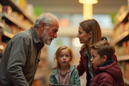 oudere man spreekt moeder met kinderen in supermarkt aan en wil haar iets belangrijks vertellen