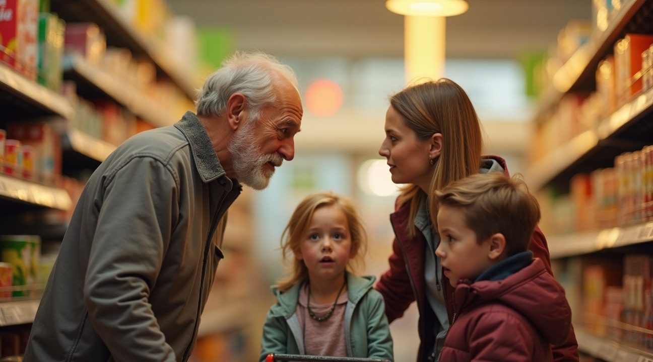 oudere man spreekt moeder met kinderen in supermarkt aan en wil haar iets belangrijks vertellen
