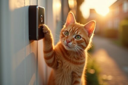 slimme kat gebruikt deurbel met camera om naar binnen te komen