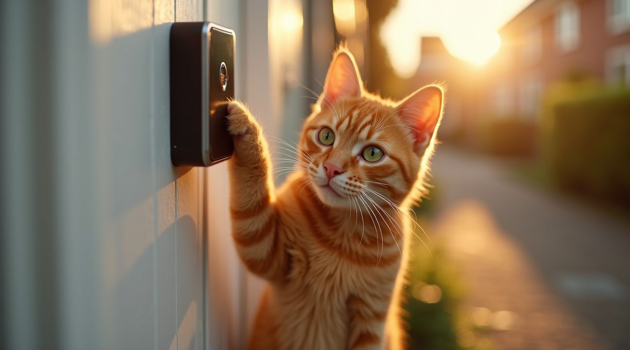 slimme kat gebruikt deurbel met camera om naar binnen te komen