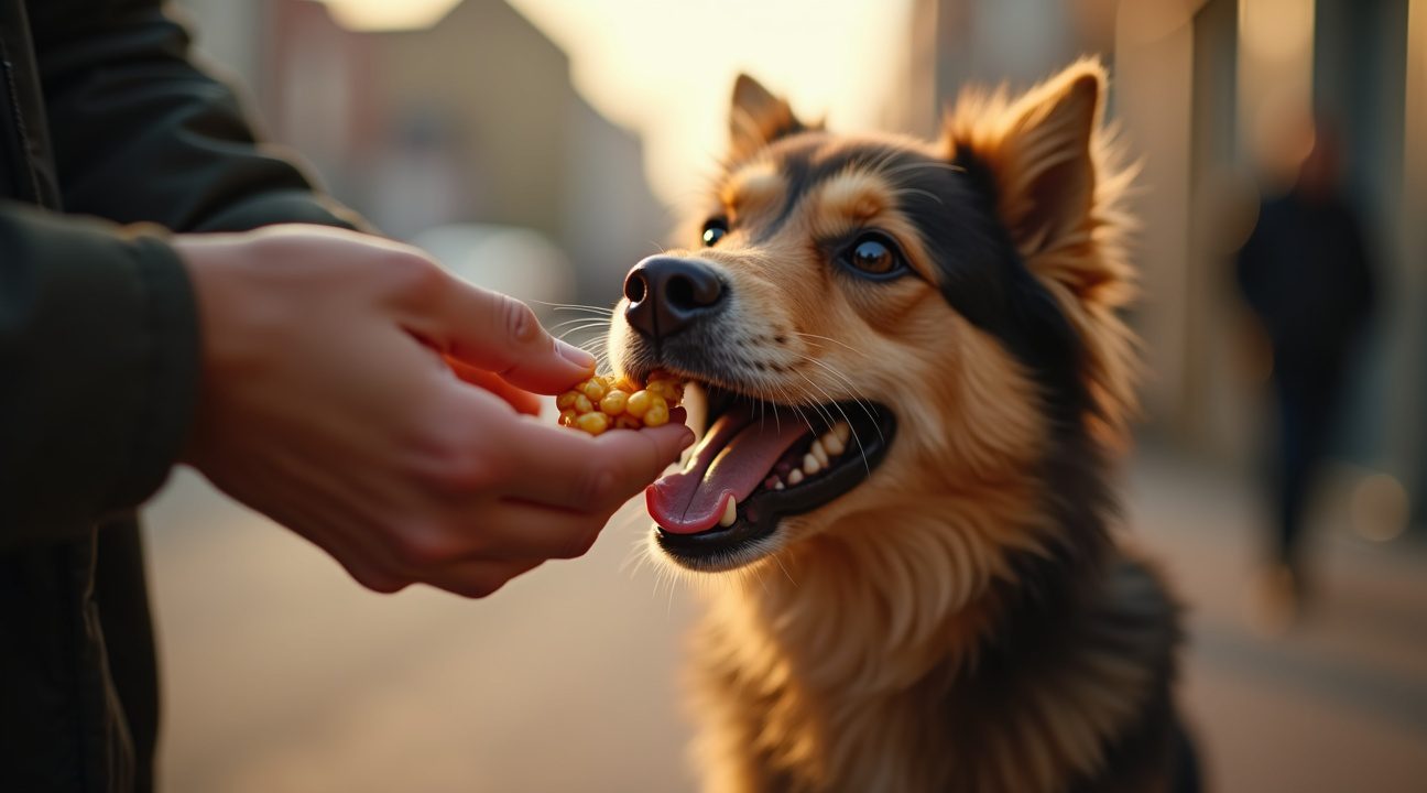 straathondje laat tranen van vreugde als voorbijganger hem te eten geeft
