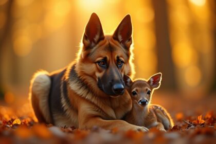 trouwe duitse herder is beschermer van verweesde babyherten