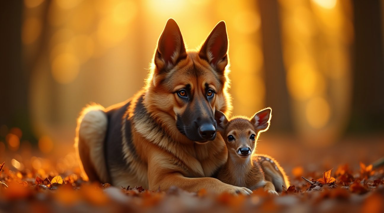 trouwe duitse herder is beschermer van verweesde babyherten