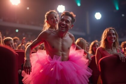 vader draagt roze tutu naar premiere barbie nadat dochtertje hem uitdaagt