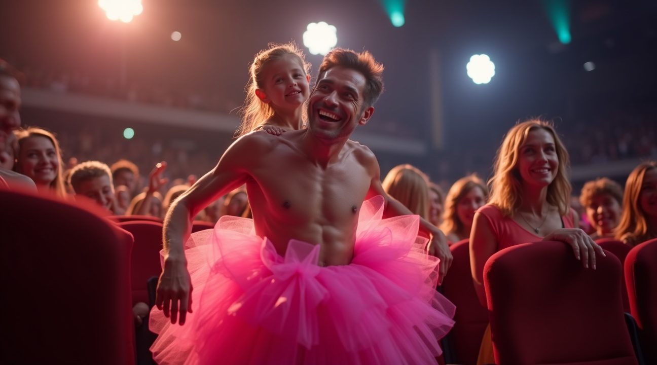 vader draagt roze tutu naar premiere barbie nadat dochtertje hem uitdaagt