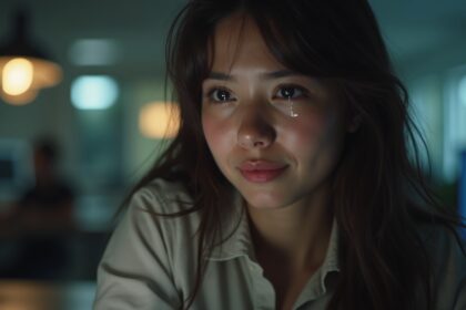 vrouw barst in tranen uit na haar eerste werkdag van 9 tot 5