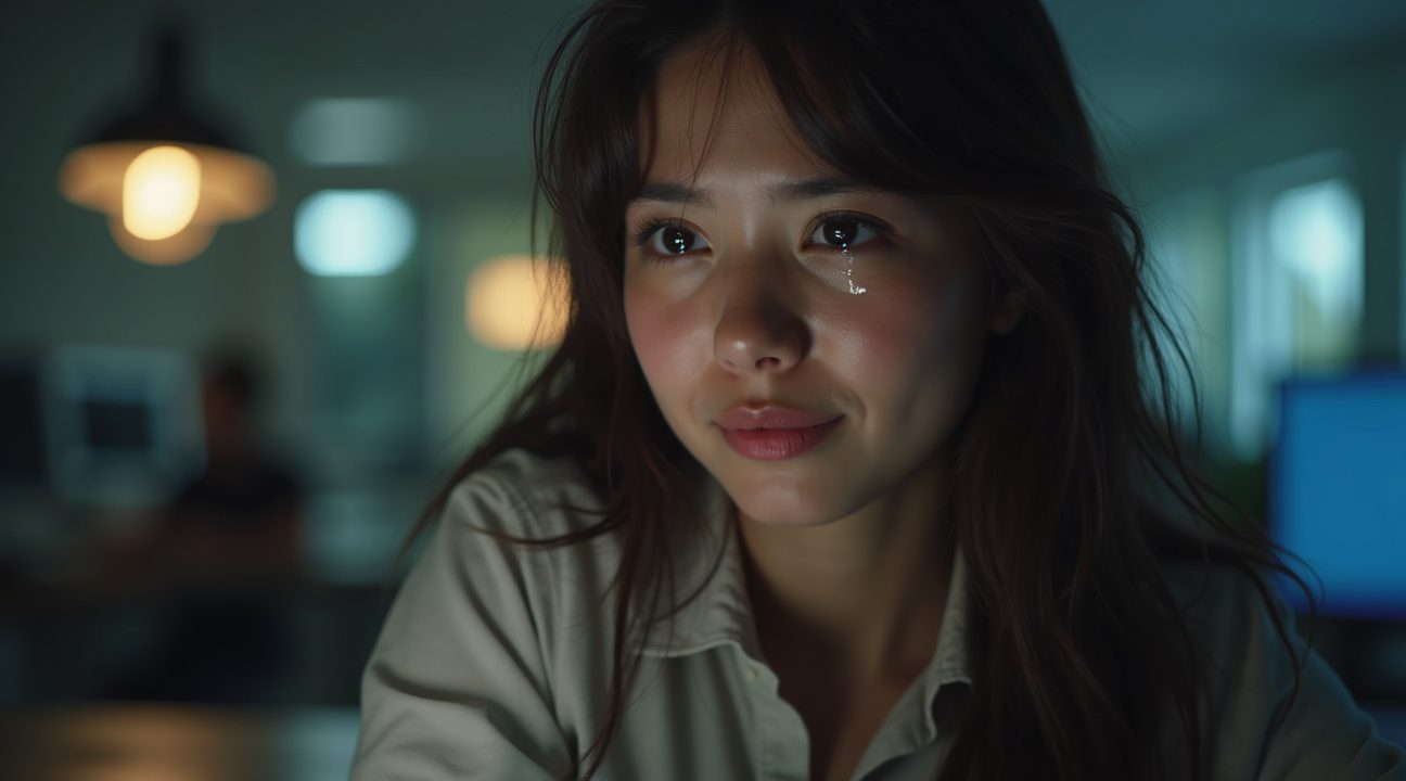 vrouw barst in tranen uit na haar eerste werkdag van 9 tot 5