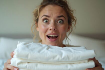 vrouw demonstreert geniale en unieke methode om hoeslaken te vouwen