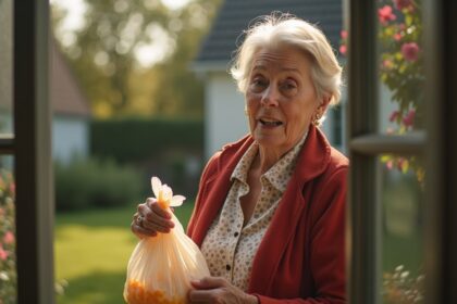 vrouw geeft zakje hondenpoep aan buurvrouw wiens hond constant in haar tuin poept