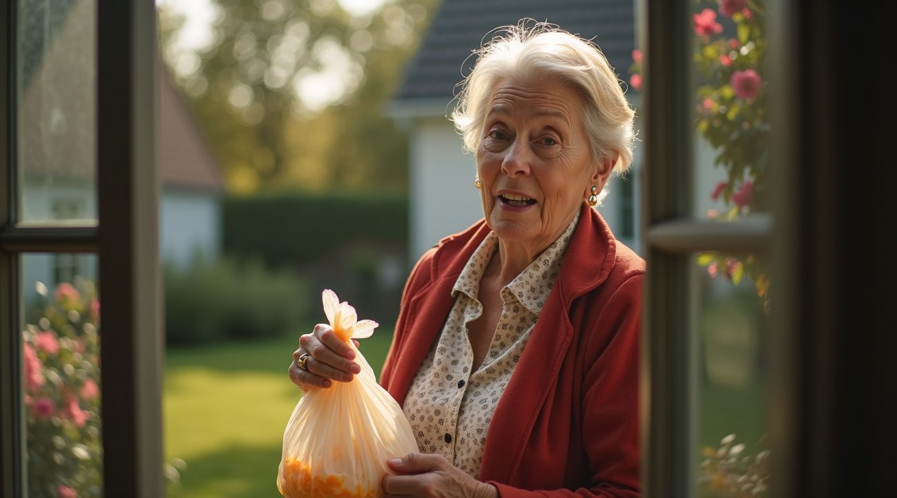 vrouw geeft zakje hondenpoep aan buurvrouw wiens hond constant in haar tuin poept