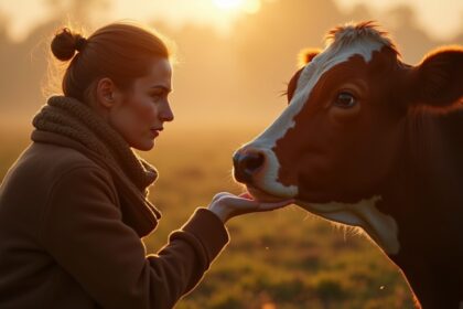 vrouw helpt blinde koe die haar baby kwijt is