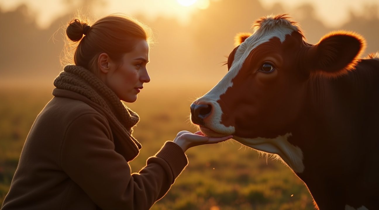 vrouw helpt blinde koe die haar baby kwijt is