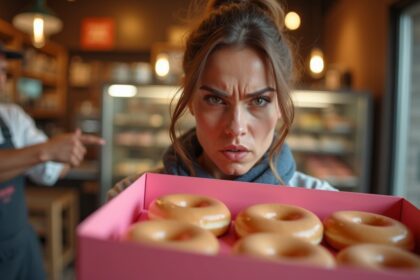 vrouw is boos als verkoopster haar slechts 12 donuts geeft terwijl ze een dozijn heeft besteld