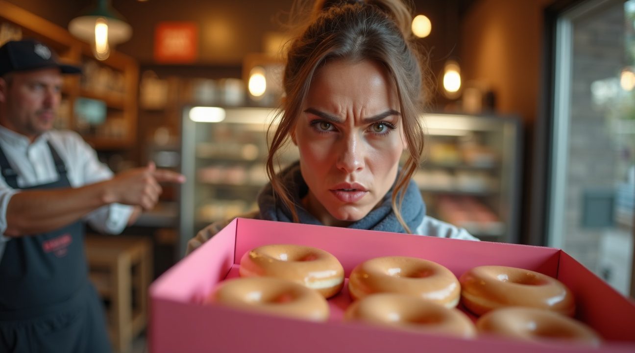 vrouw is boos als verkoopster haar slechts 12 donuts geeft terwijl ze een dozijn heeft besteld