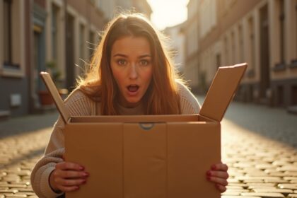 vrouw vindt kartonnen doos op straat met het liefste koppie dat haar aanstaart