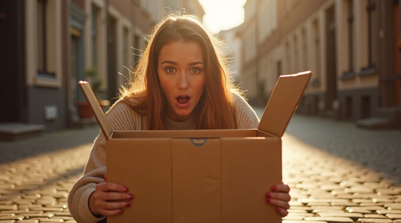 vrouw vindt kartonnen doos op straat met het liefste koppie dat haar aanstaart