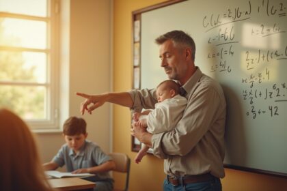 wiskundeleraar geeft les terwijl hij baby van student vasthoudt die geen oppas kon vinden