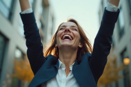 beveiligingscamera legt vast hoe vrouw vreugdedans maakt na succesvol sollicitatiegesprek