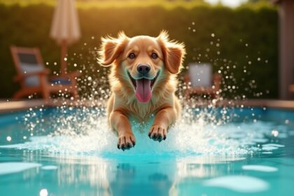 hilarische golden retriever springt over hek in zwembad van buren en weigert naar huis te gaan