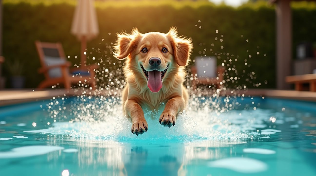 hilarische golden retriever springt over hek in zwembad van buren en weigert naar huis te gaan