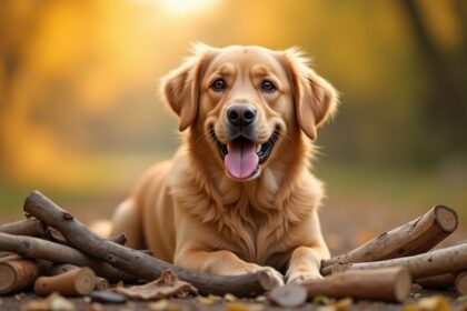 hond laat baasje zien hoe trots hij is op zijn collectie stokken