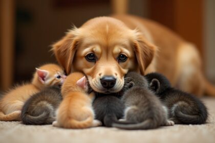 hondje wordt pleegmoeder van zes verlaten kittens