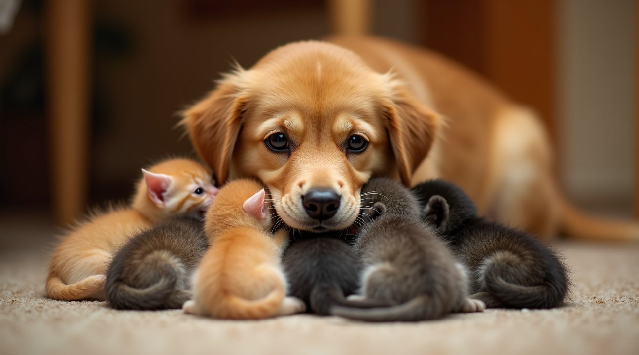 hondje wordt pleegmoeder van zes verlaten kittens