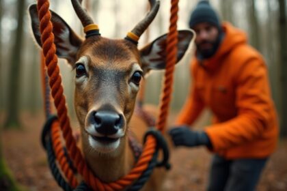 jagers redden noodlijdend hert dat vastzit in touwschommel