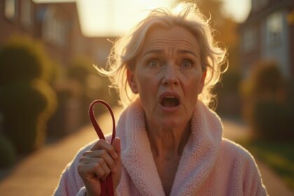 moeder krijgt kritiek vanwege dragen badjas tijdens ochtendwandeling met hond