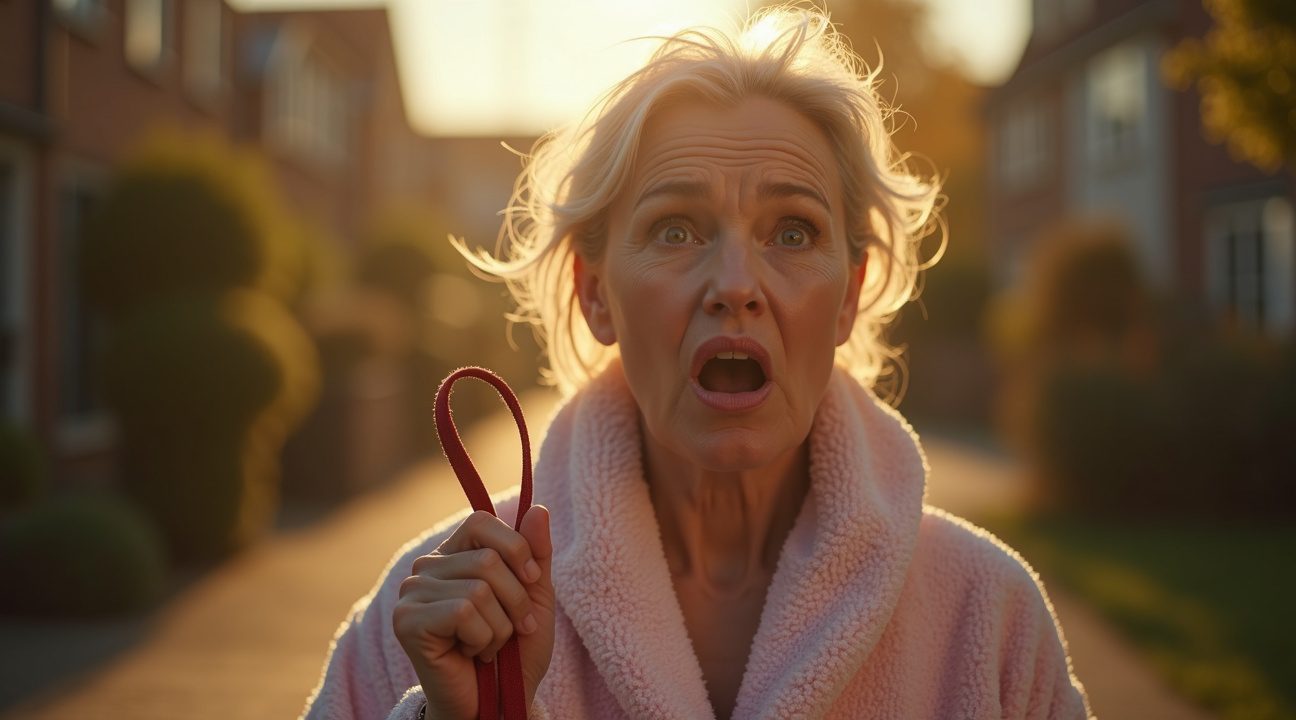 moeder krijgt kritiek vanwege dragen badjas tijdens ochtendwandeling met hond