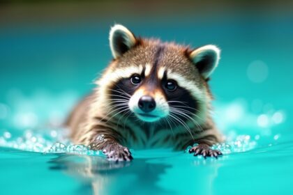 mollige wasbeer blijft terugkeren om baantjes te trekken in zwembad van vrouw