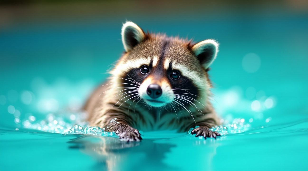 mollige wasbeer blijft terugkeren om baantjes te trekken in zwembad van vrouw