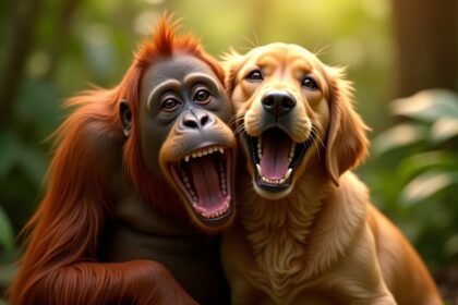orang oetan en hond zijn beste maatjes in clip die miljoenen aan het lachen heeft gemaakt