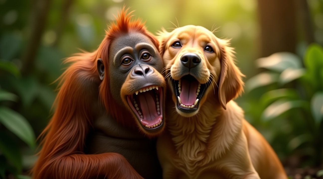orang oetan en hond zijn beste maatjes in clip die miljoenen aan het lachen heeft gemaakt