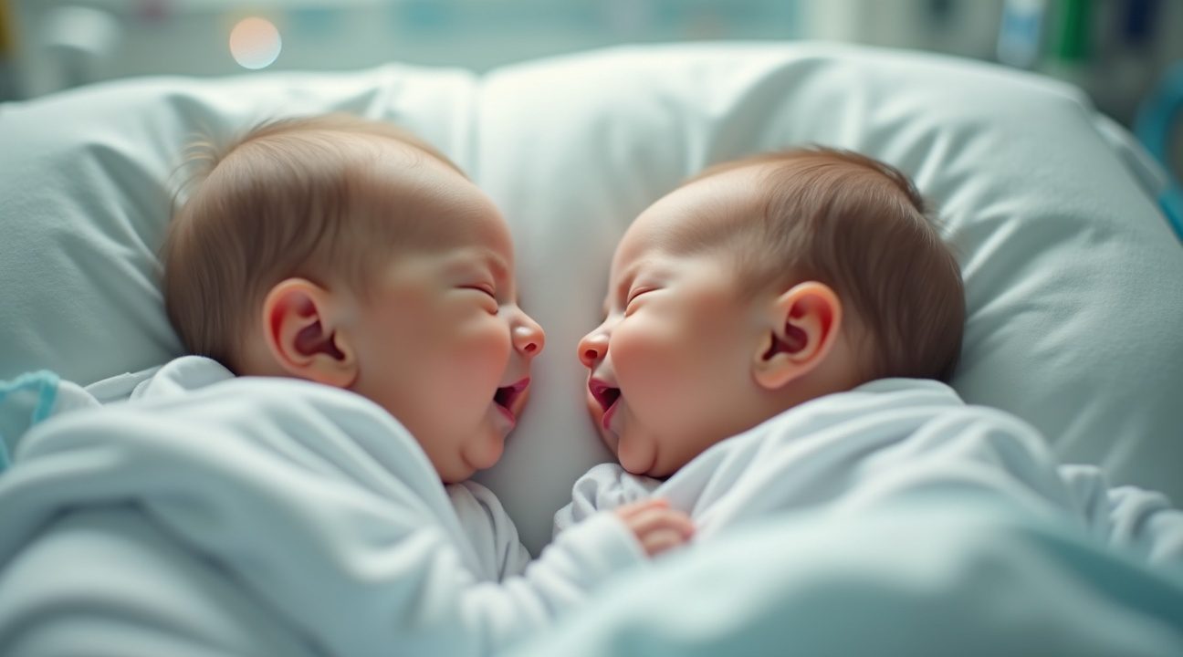 pasgeboren tweelingen hebben eerste gesprek in ziekenhuisbedje