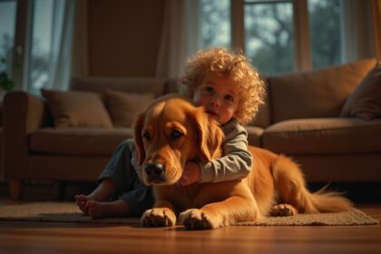 peuter troost gezinshond die doodsbang voor onweersstorm is