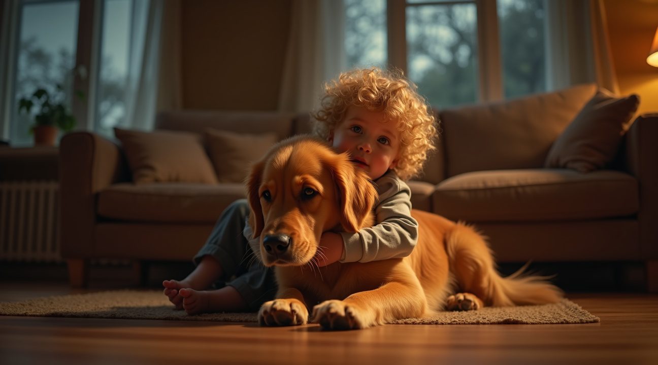 peuter troost gezinshond die doodsbang voor onweersstorm is