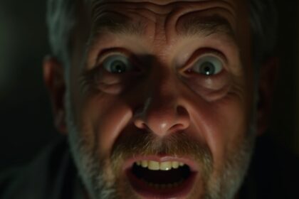 zoontje ziet grappige hond op veranda waarna vader de schrik om het hart slaat