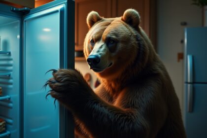 beer opent koelkast en helpt zichzelf aan bevroren lasagne