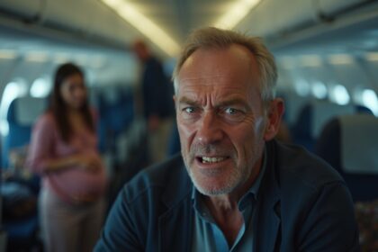 man hevig verontwaardigd dat zijn zwangere vrouw troep van hun kinderen in vliegtuig moet opruimen