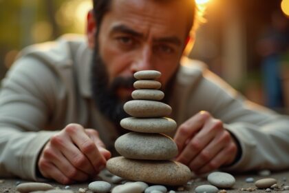 man maakt in uur sculptuur van stenen terwijl vrouw boodschappen doet