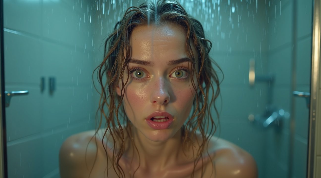 vrouw staat perplex dat ze verkeerd doucht nadat ze beseft dat mams het anders doet