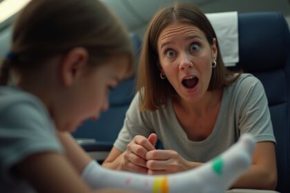 vrouw wordt wakker in vliegtuig terwijl kind op haar sokken tekent